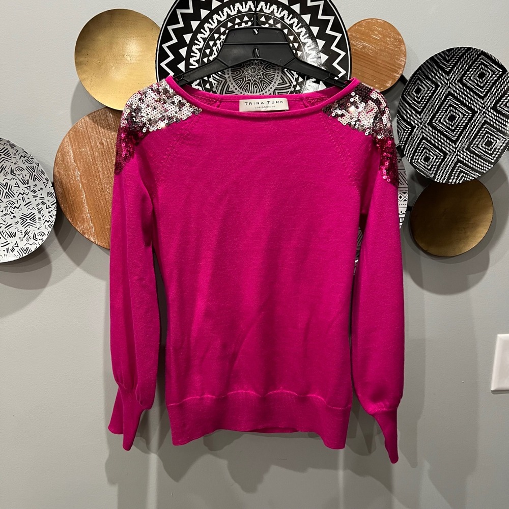 Trina Turk Pink Merino Wool‎ Sequin Shoulder Puff Sleeve Sweater 290008 Womens